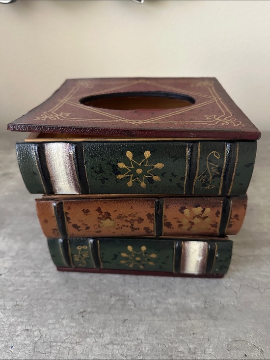 Other - Vintage Faux Leather Wood Book Stack Tissue Box Cover in Green & Brown